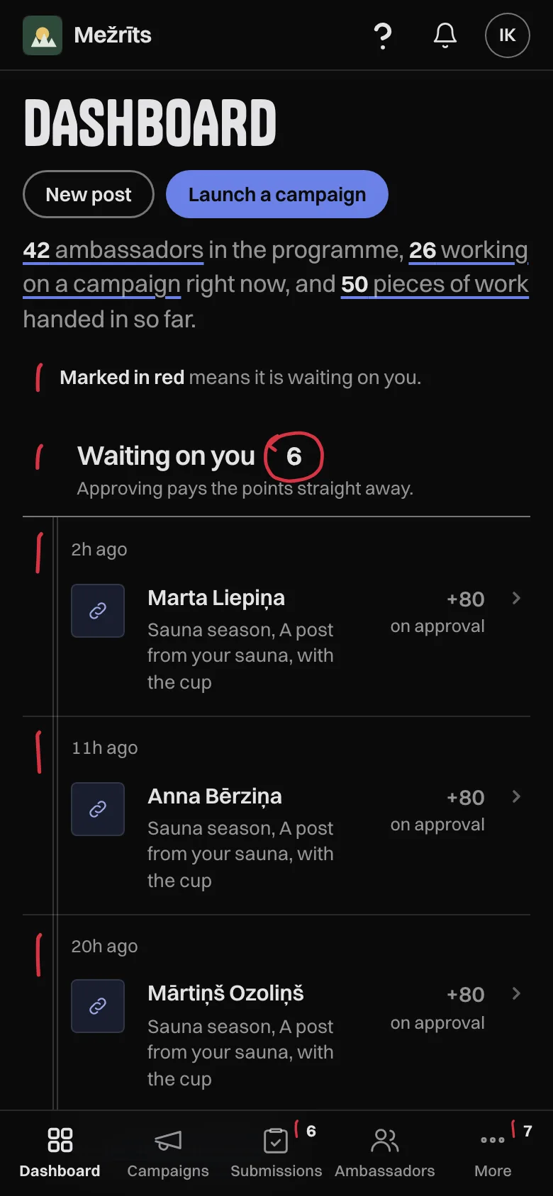 The Crowdable dashboard on a phone, for the demo brand Mežrīts: six submissions waiting on you, the first two from Marta Liepiņa and Anna Bērziņa, with the points each pays on approval.