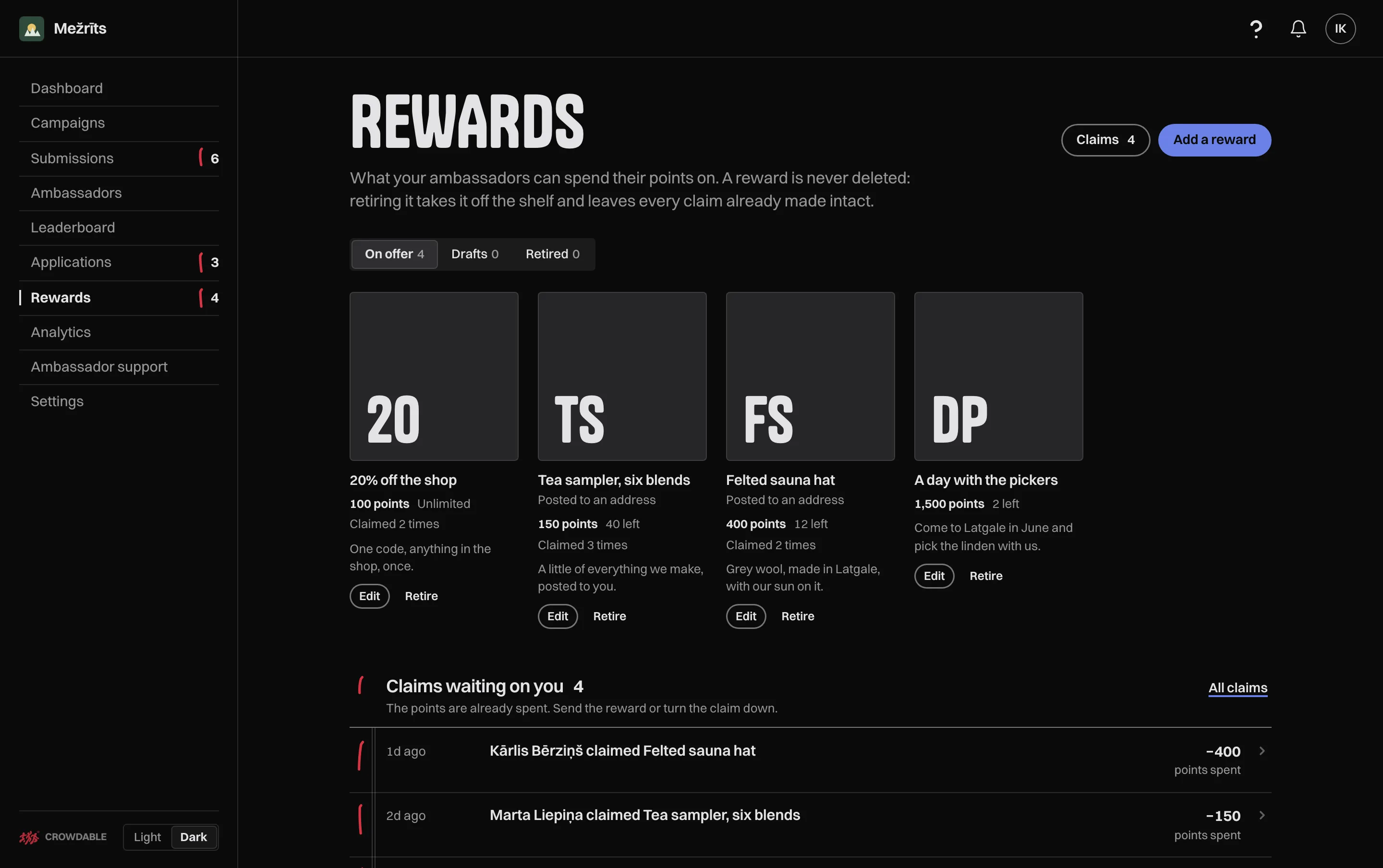 Rewards: four rewards on the shelf with their point prices and stock, and the first of four claims waiting on you.