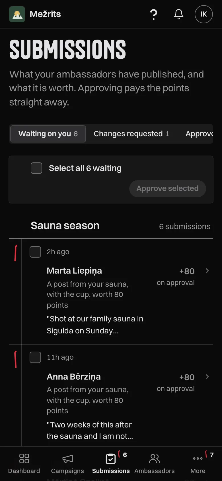 Submissions waiting on you on a phone: six from the Sauna season campaign, the first from Marta Liepiņa with the points it pays on approval and her note.