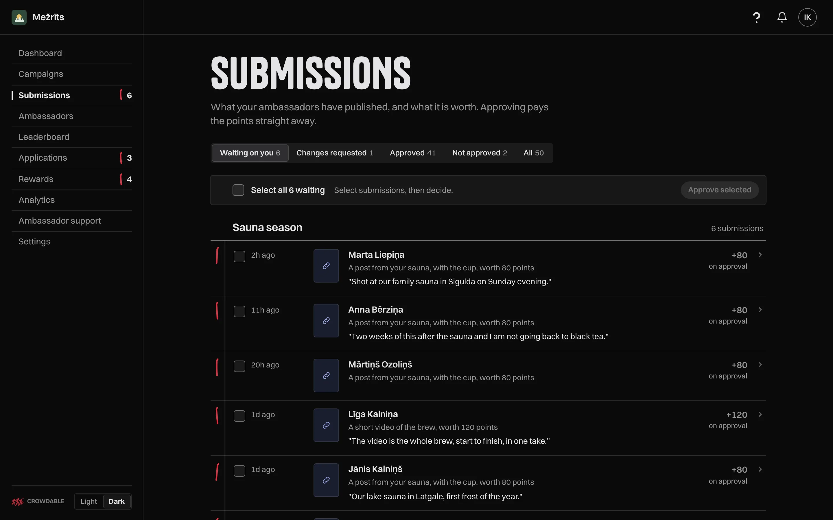 Submissions waiting on you: six from the Sauna season campaign, the first two shown with the points each pays on approval and the ambassador's note.